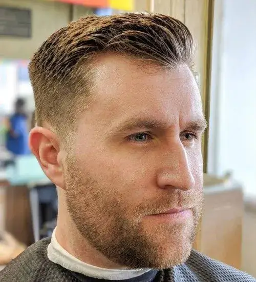 Side Swept Ivy League with Low Taper Fade